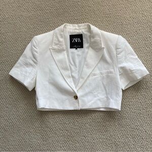 Zara Cropped White Blazer Short Sleeve Jacket Size Small Cotton Blend FLAWS